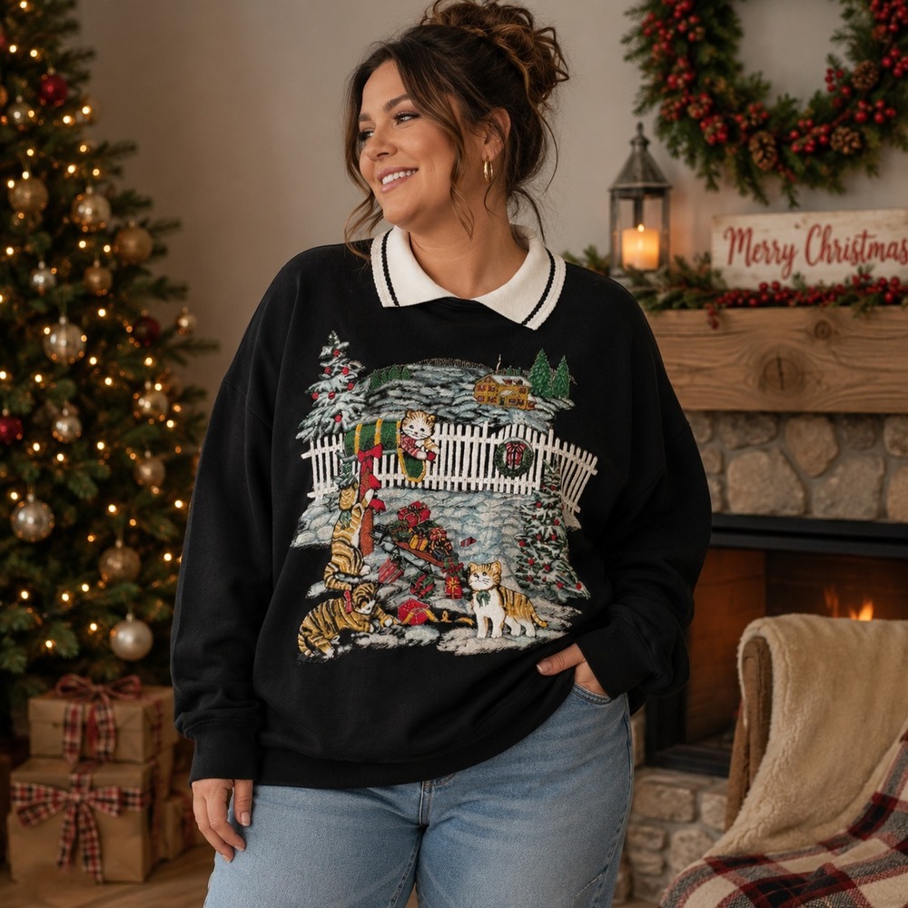 Vintage 90s NutCracker Christmas Cats Sweatshirt Plus Size 2X Novelty Cottage